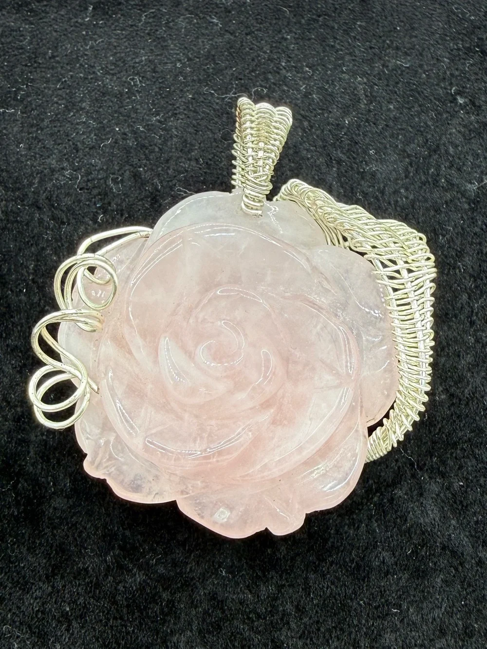 Carved Rose Quartz Flower Pendant Silver Tone Wire Wrapped Statement Jewelry